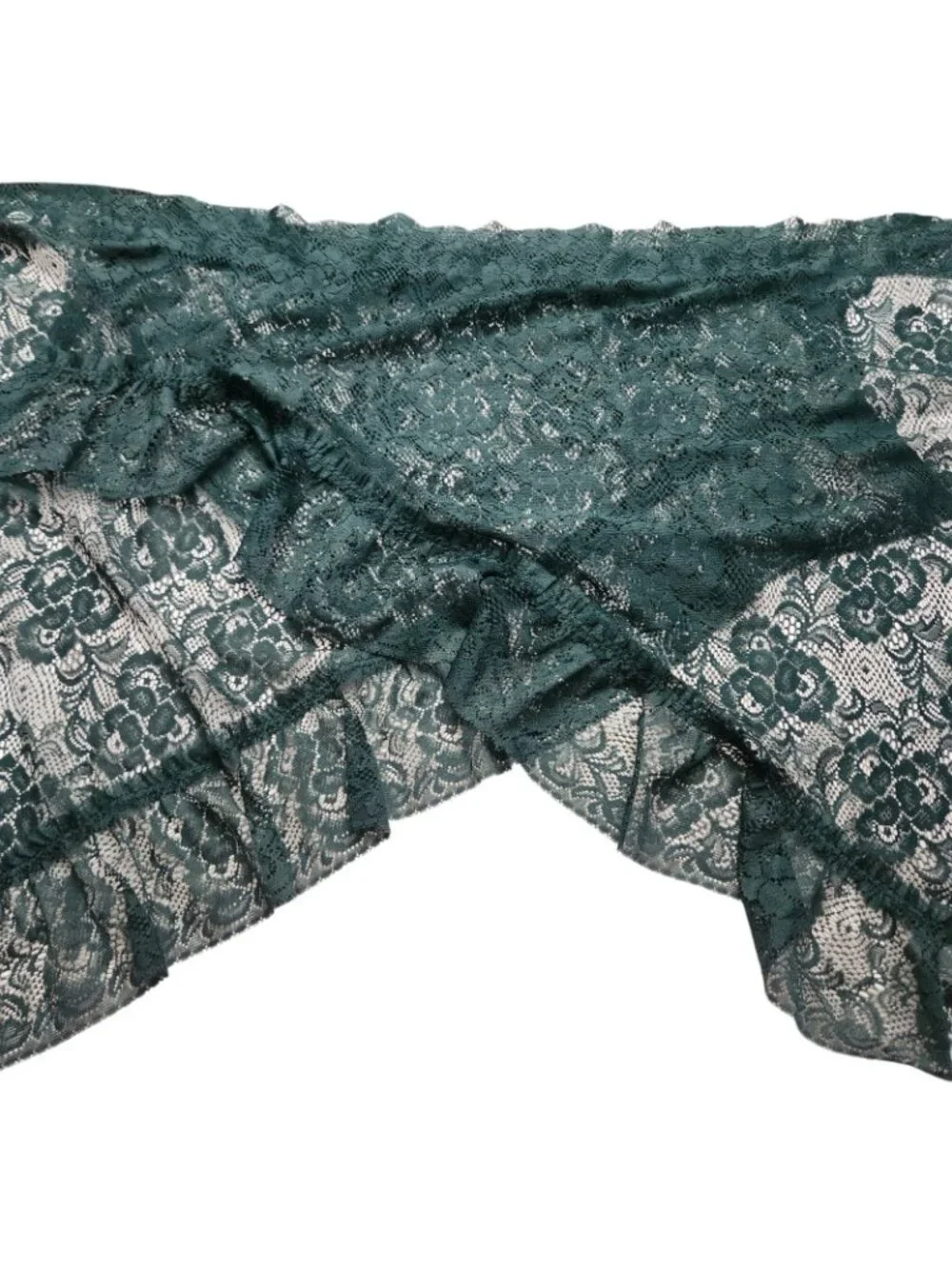 Vintage Green Lace Floral Curtains Angled Valance Panels Rod/Pole Pocket 2 Set